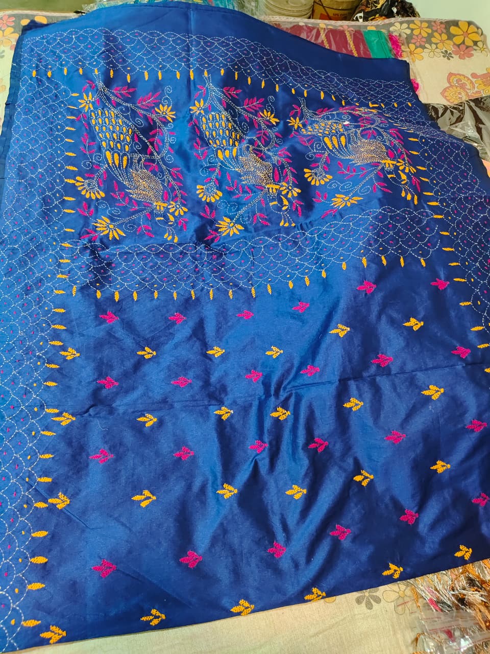 Soft Silk Katha Stich Saree with BP in blue