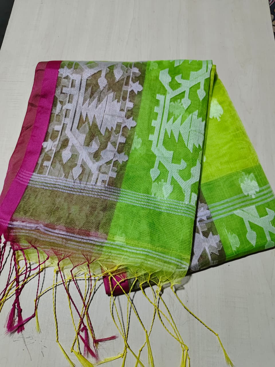 Soft Resom Jamdani (Green saree with pink border, BP included)