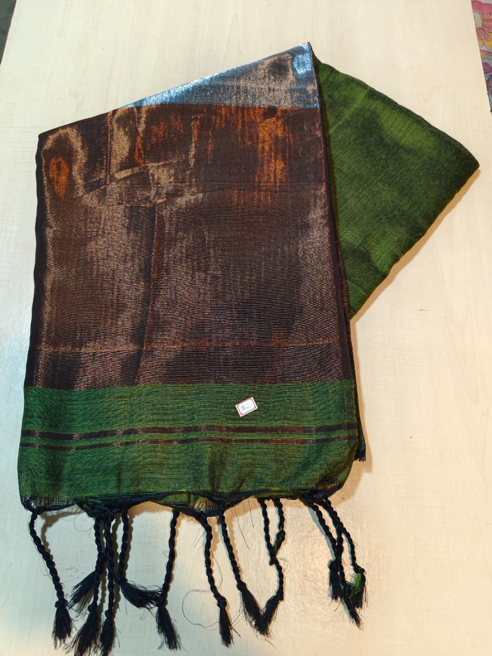 Soft Cotton Jori Pallu with soft olive green body with contrast to copper and silver pallu