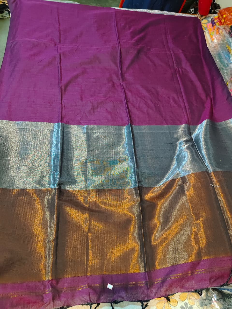 Soft Cotton Jori Pallu with soft deep wine purple body with contrast to copper and silver pallu