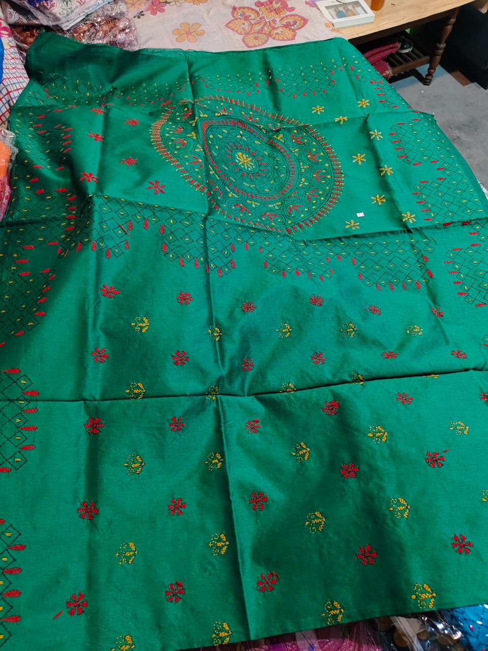 Soft Cotton Silk Katha Stitch Saree in Green