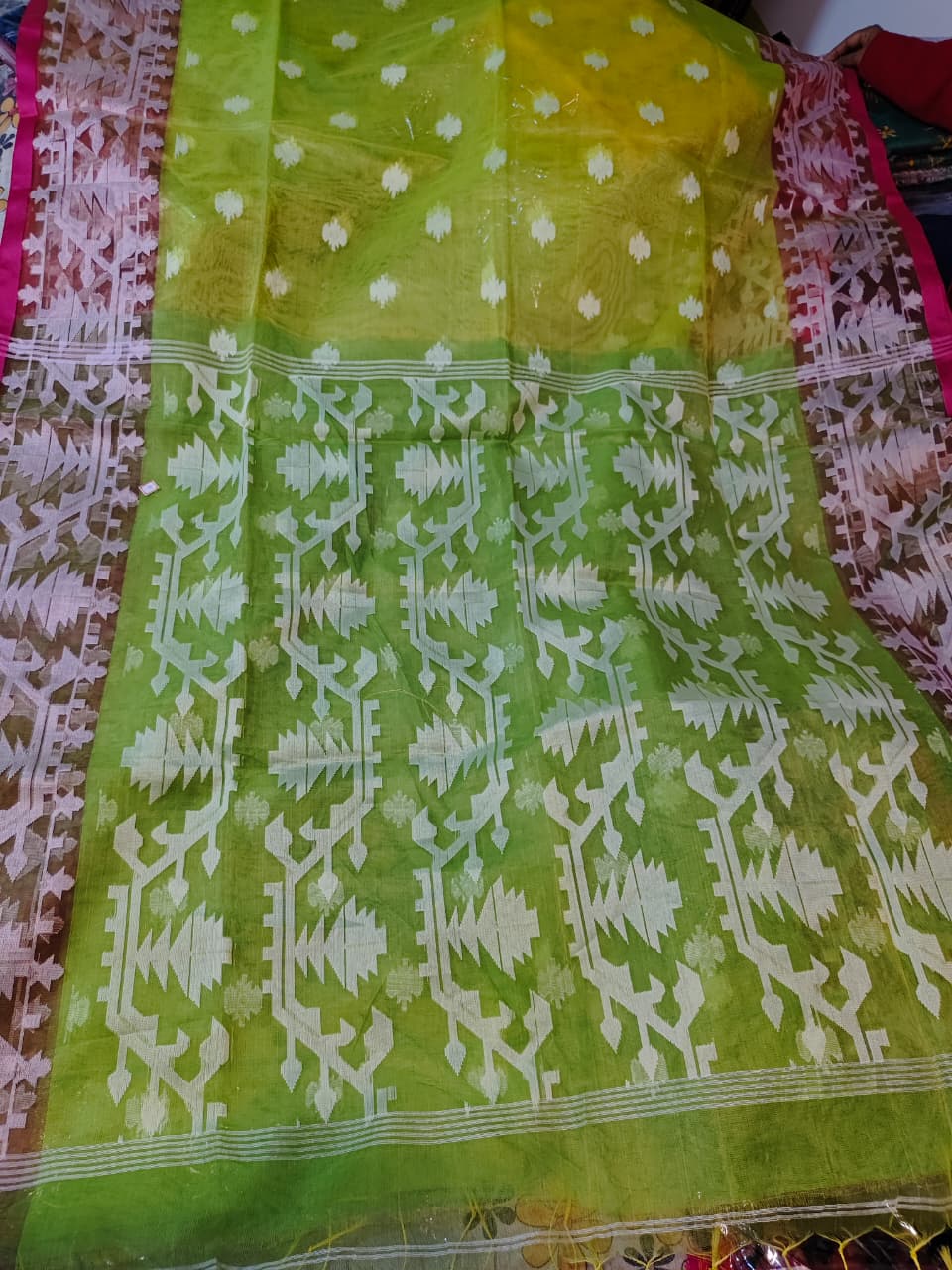 Soft Resom Jamdani (Green saree with pink border, BP included)