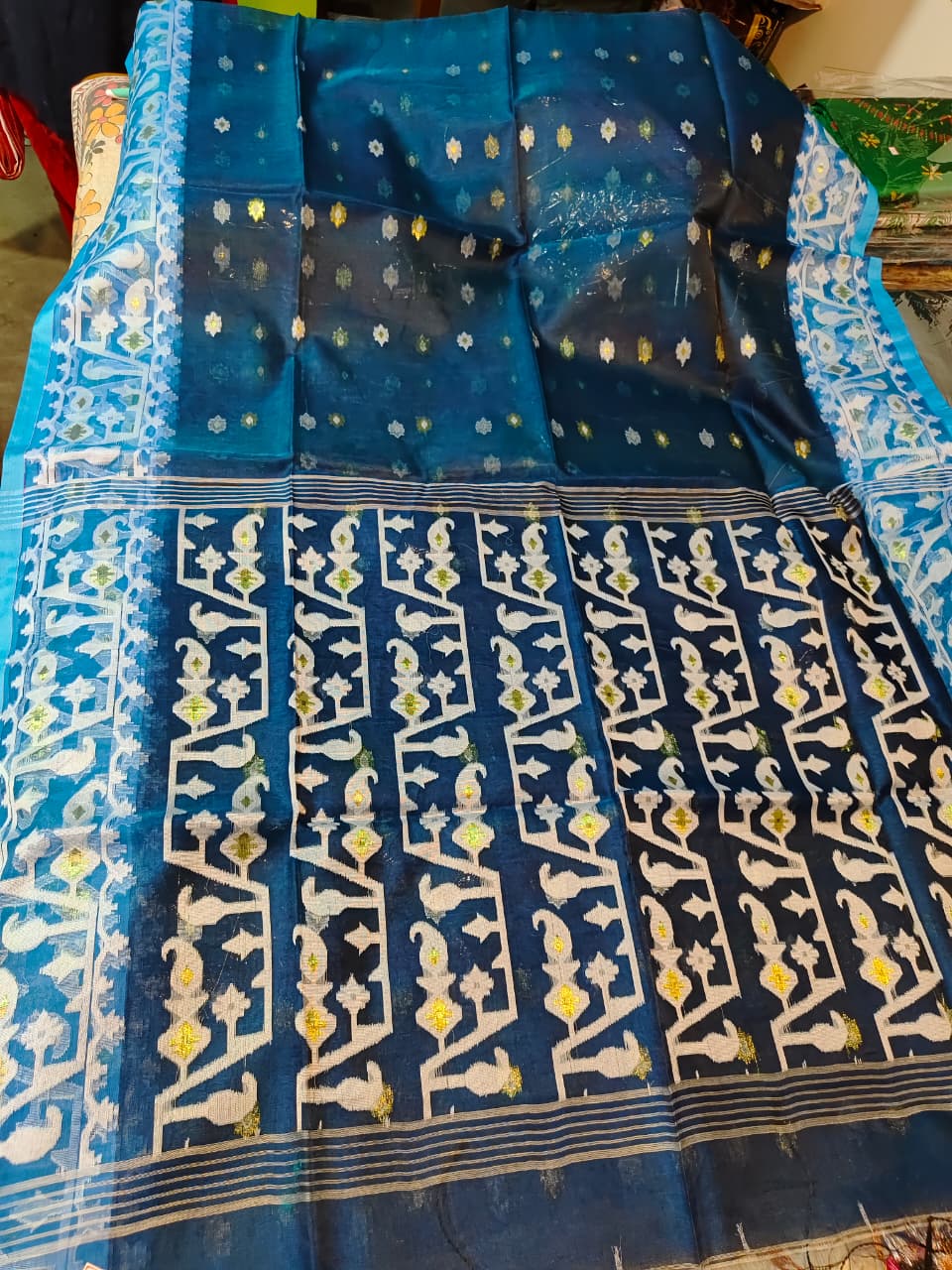 Soft Resom Jamdani (Blue with sky border, BP included)
