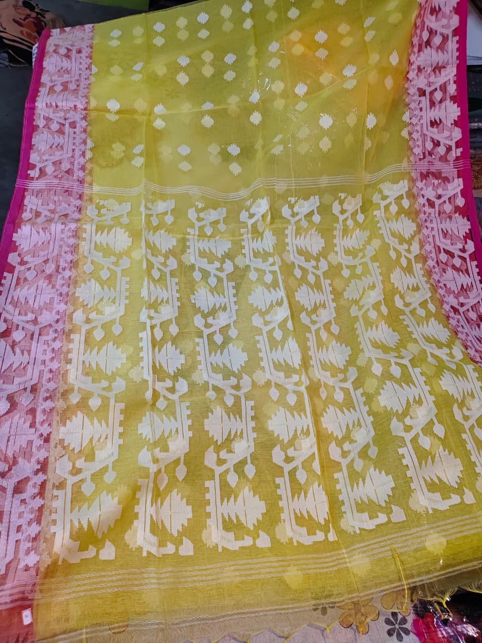 Soft Resom Jamdani (Yellow Saree with Pink Border BP included)