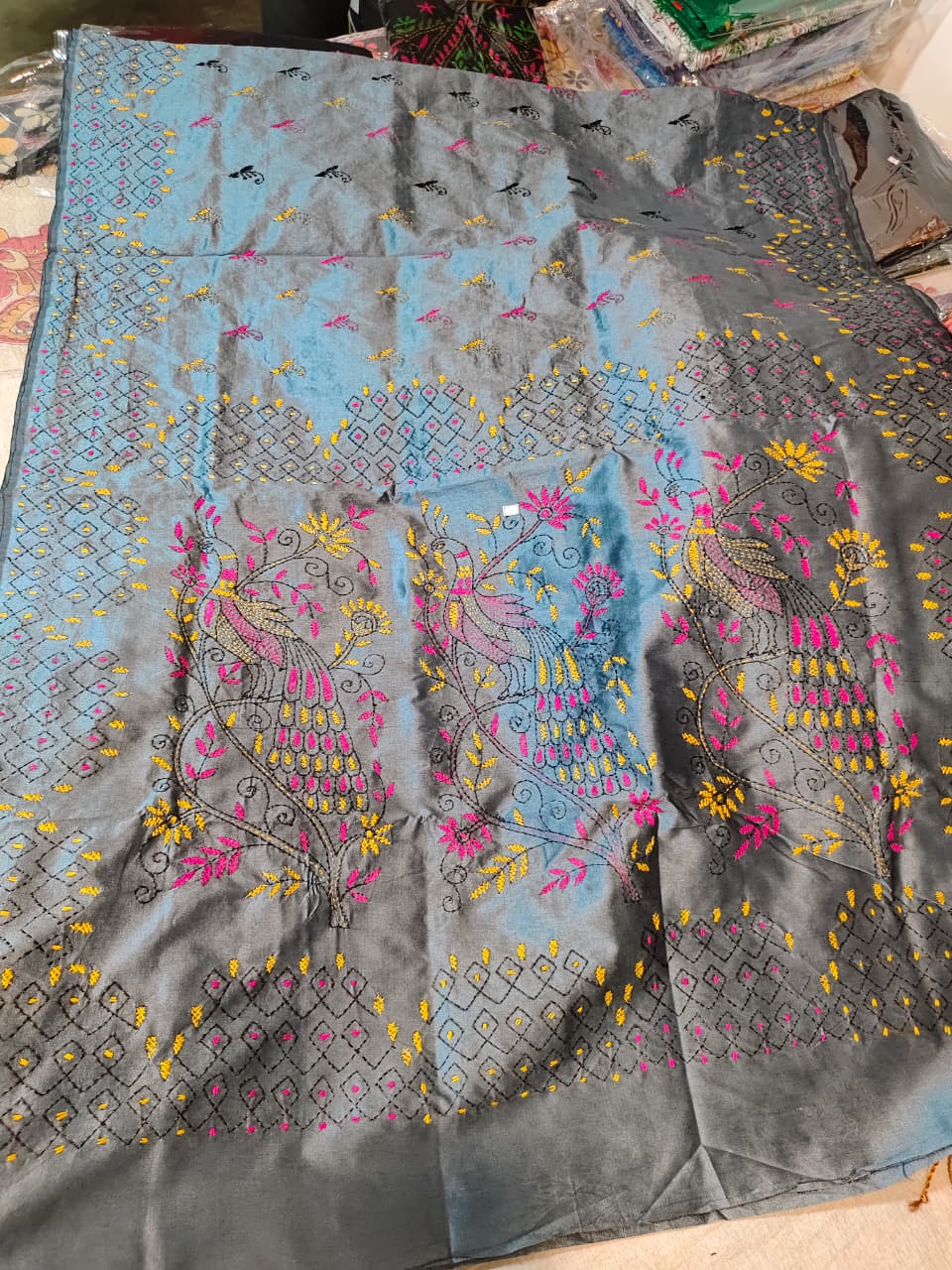 Soft Cotton Silk Katha Stitch Saree  in Steel Colour
