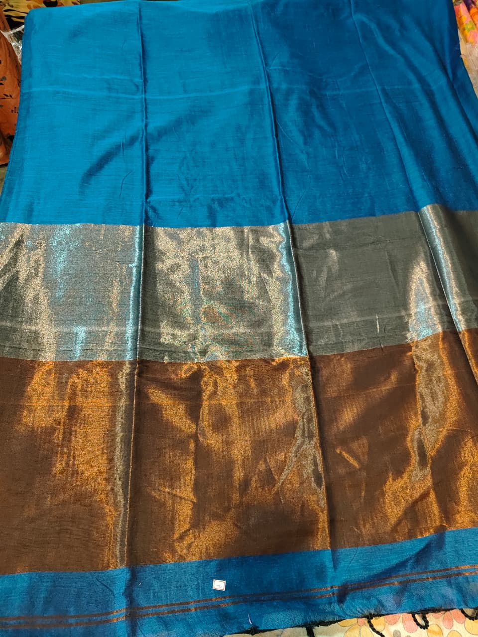 Soft Cotton Jori Pallu with soft peacock blue body with contrast to copper and silver pallu