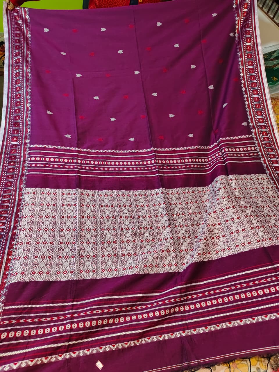 Soft Assam Khadi Saree (Purple with white and red woven pattern, BP included)