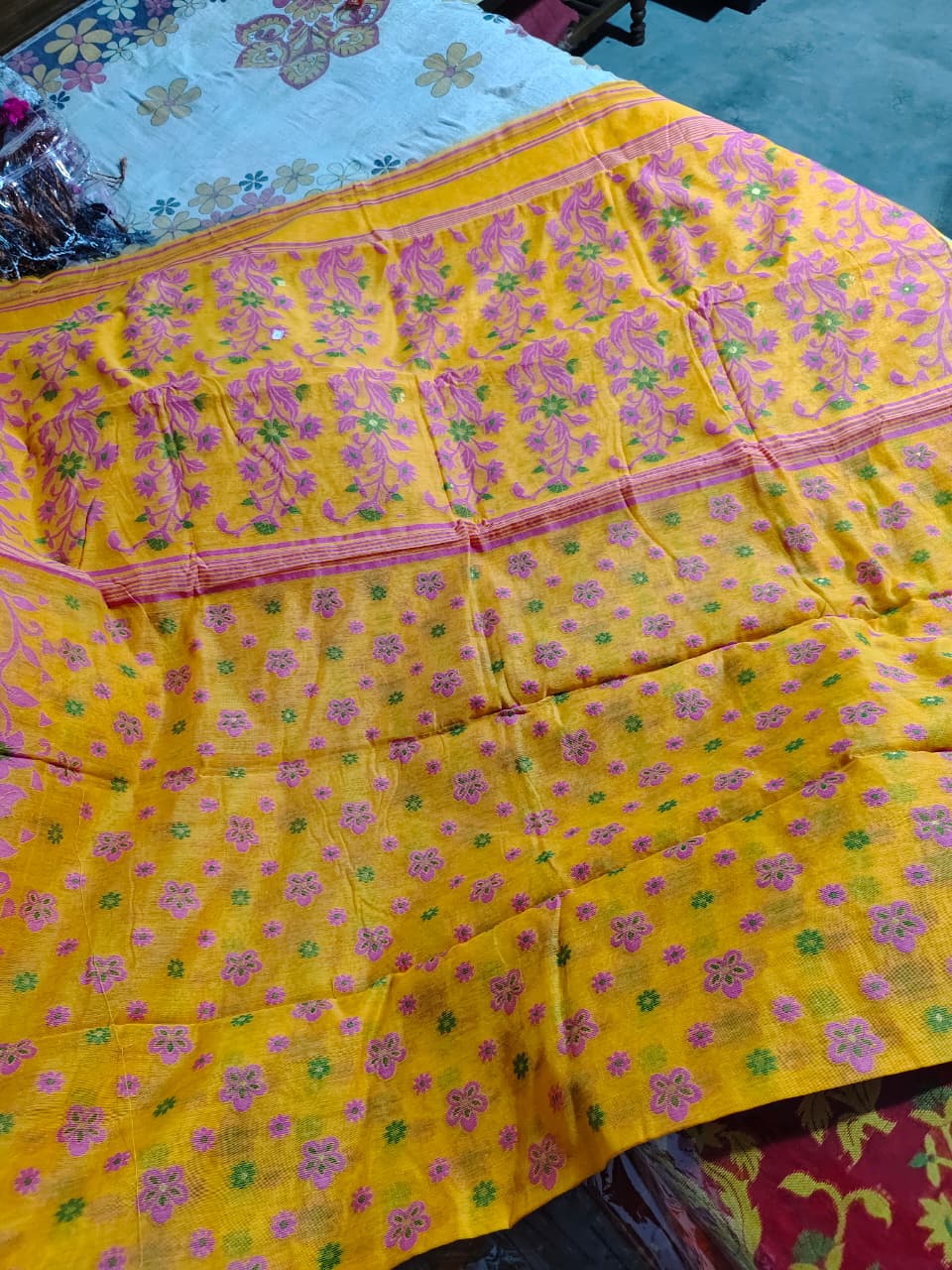 Soft Jamdani  with BP (yellow saree with intricate purple and green floral embroidery)
