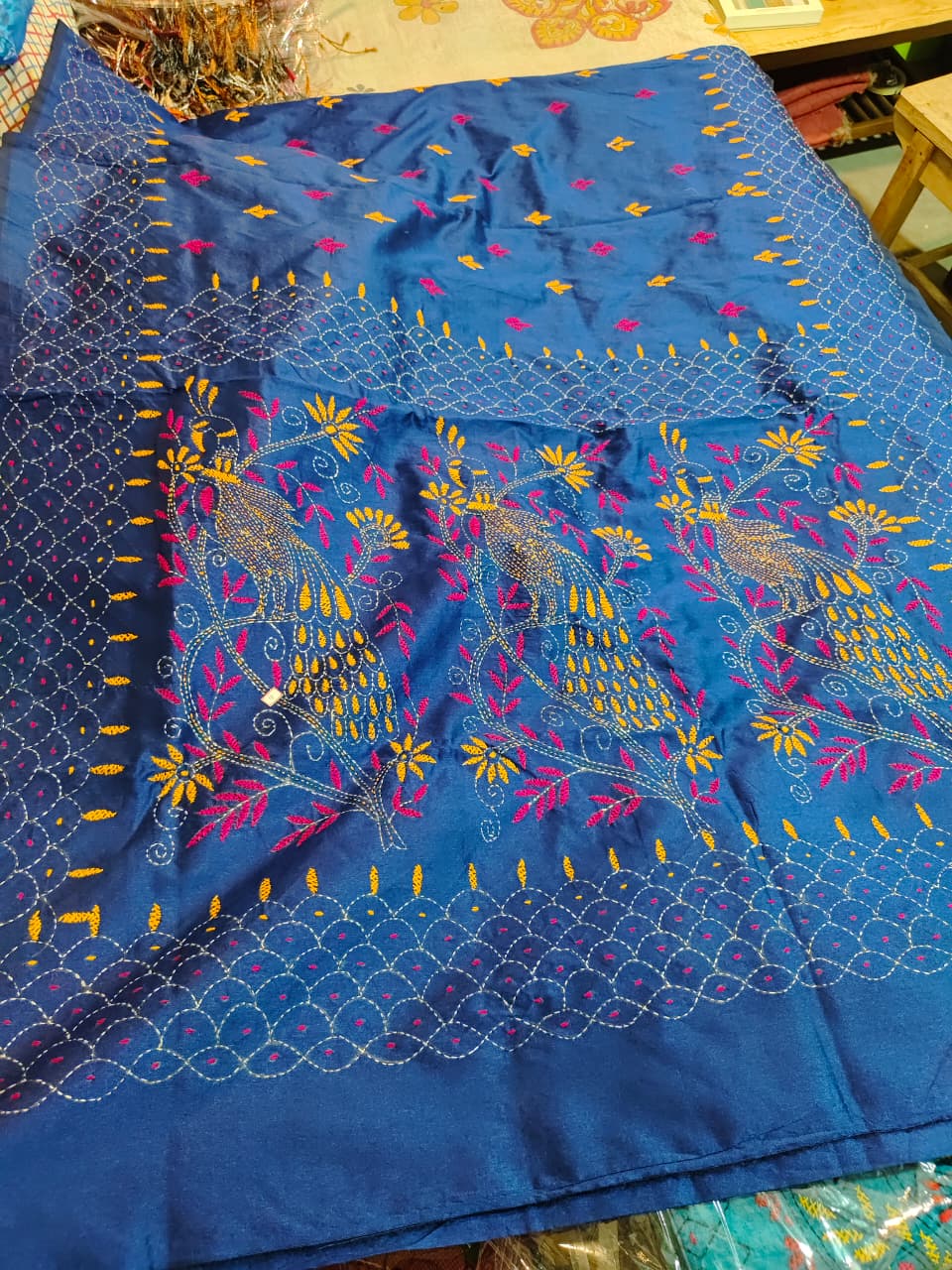 Soft Silk Katha Stich Saree with BP in blue