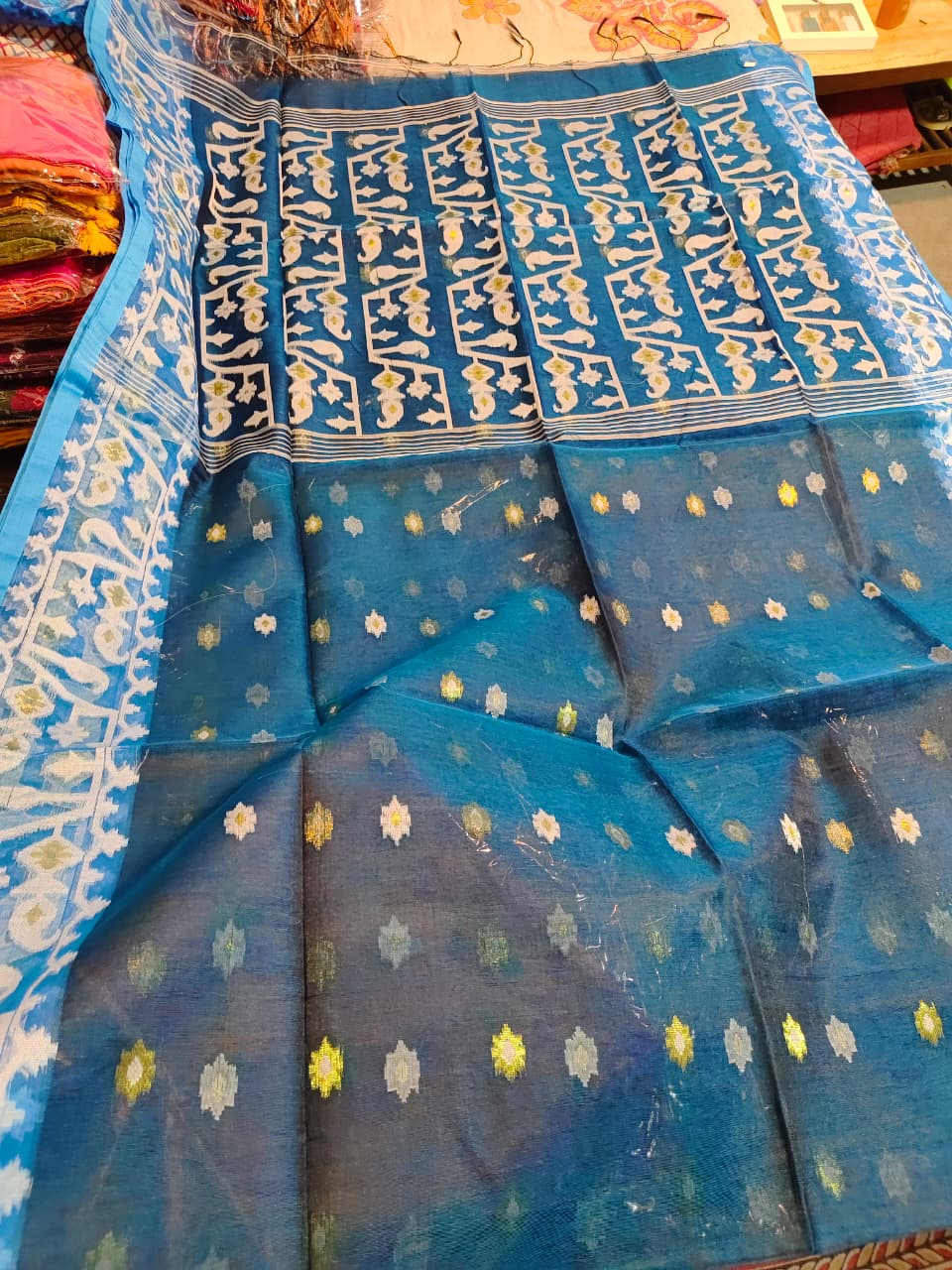 Soft Resom Jamdani (Blue with sky border, BP included)