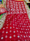 Soft Resom Jamdani (Red Saree with green border, BP included)