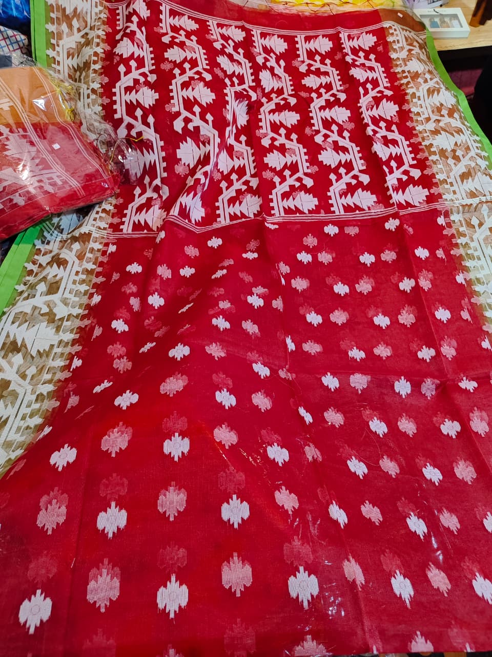 Soft Resom Jamdani (Red Saree with green border, BP included)