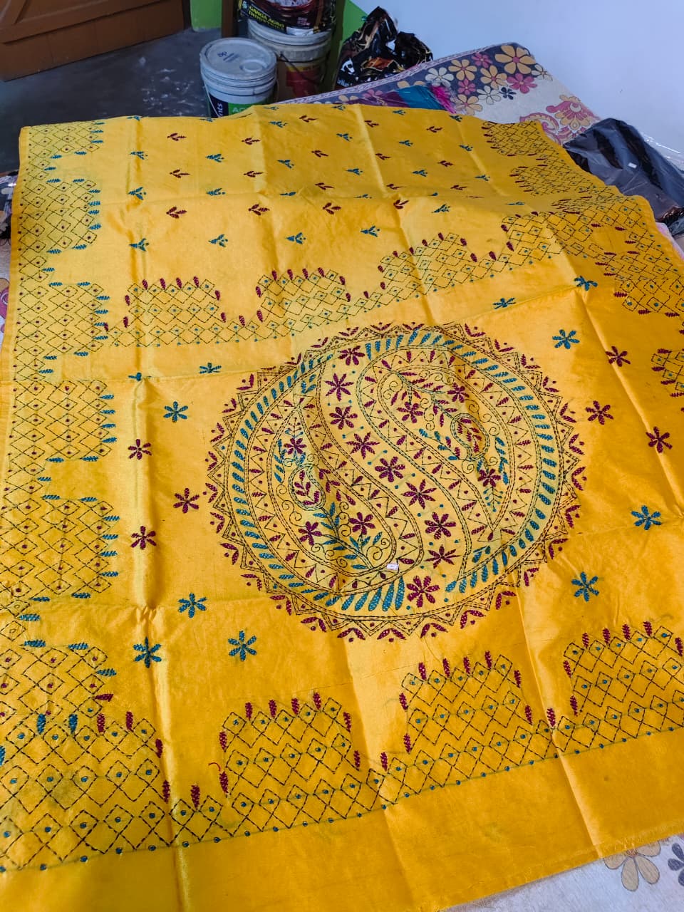 Soft Cotton Silk Katha Stitch Saree in Yellow