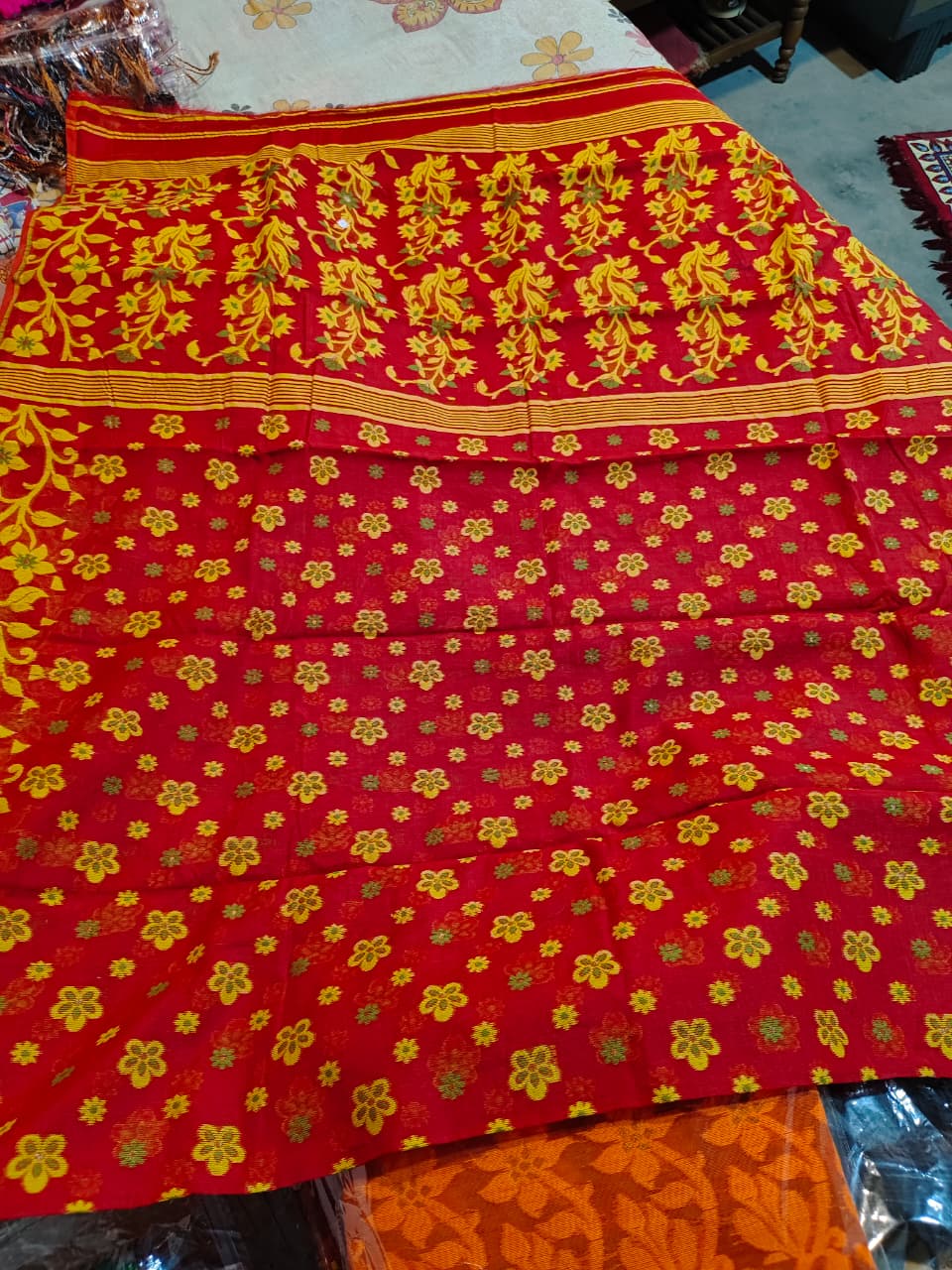 Soft Jamdani  with BP (red fabric with yellow floral and leaf embroidery)