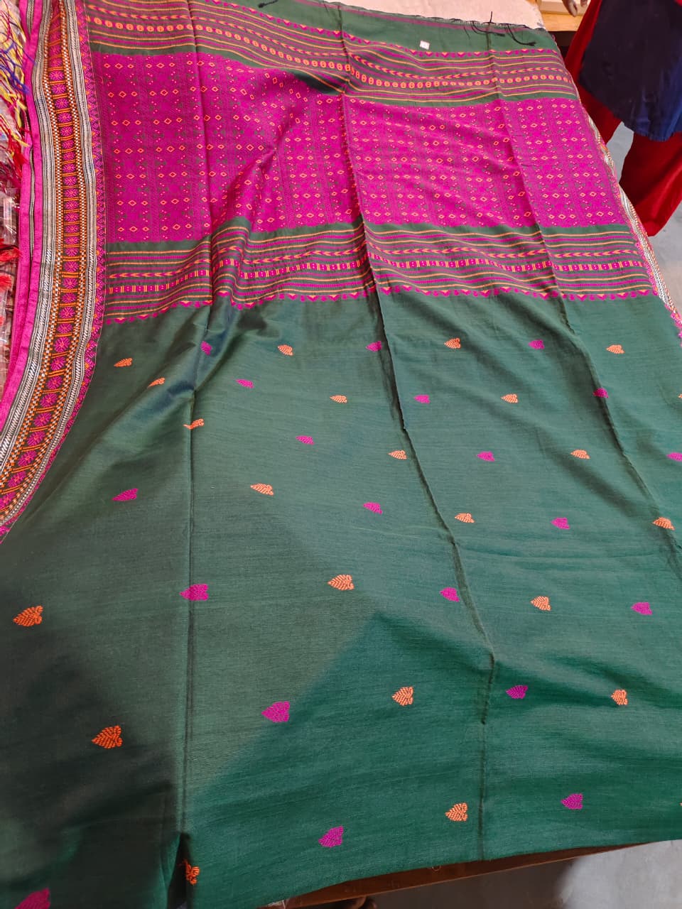 Soft Assam Khadi Saree (Dark green body with small pink and orange woven buti pattern, BP included)
