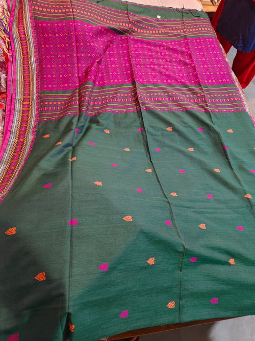 Soft Assam Khadi Saree (Dark green body with small pink and orange woven buti pattern, BP included)