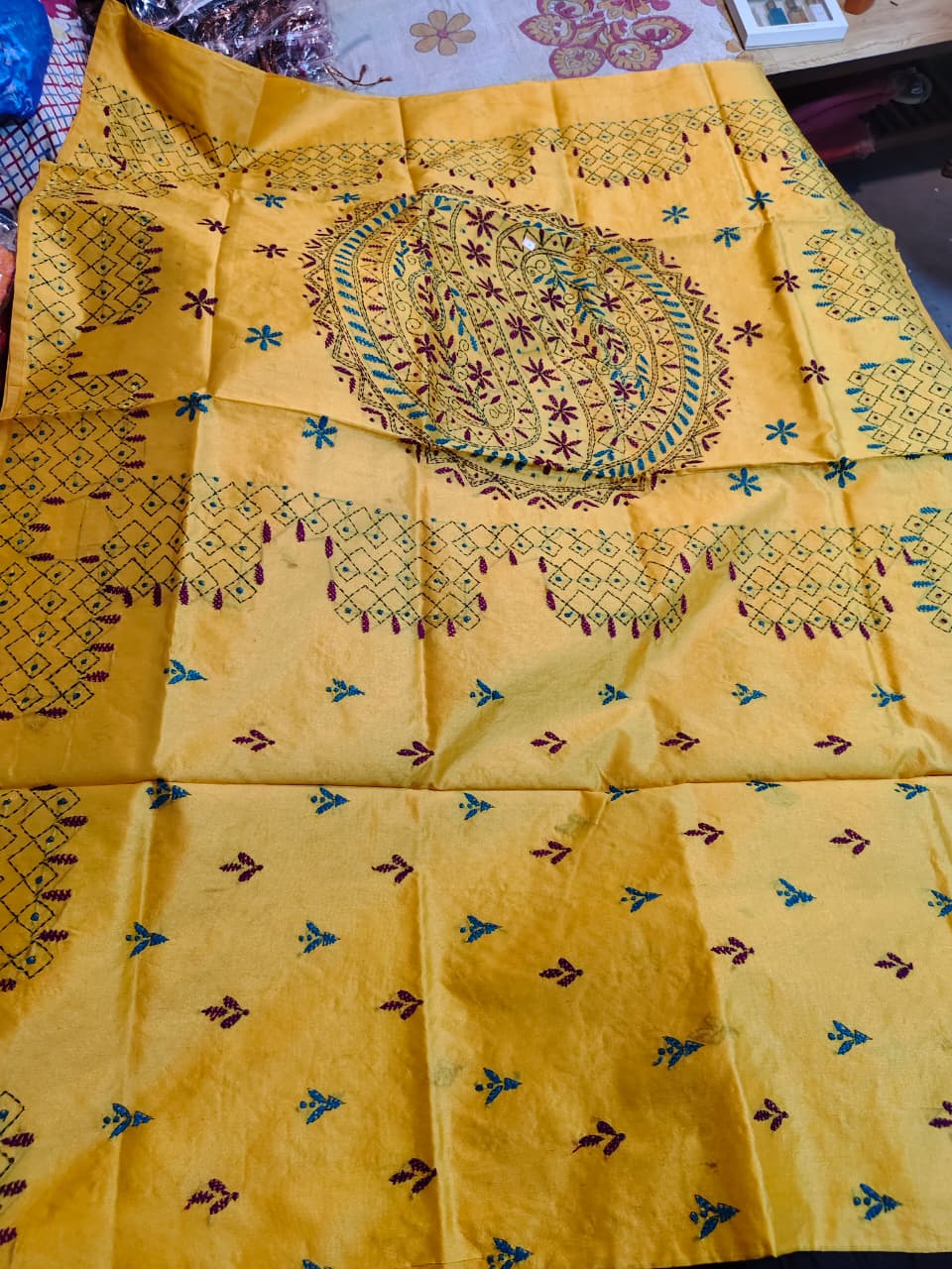 Soft Cotton Silk Katha Stitch Saree in Yellow