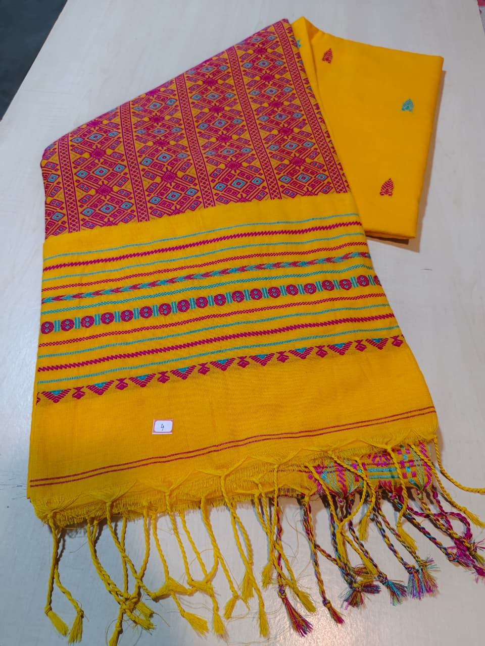 Soft Assam Khadi Saree (Yellow with pink and blue woven pattern, BP included)
