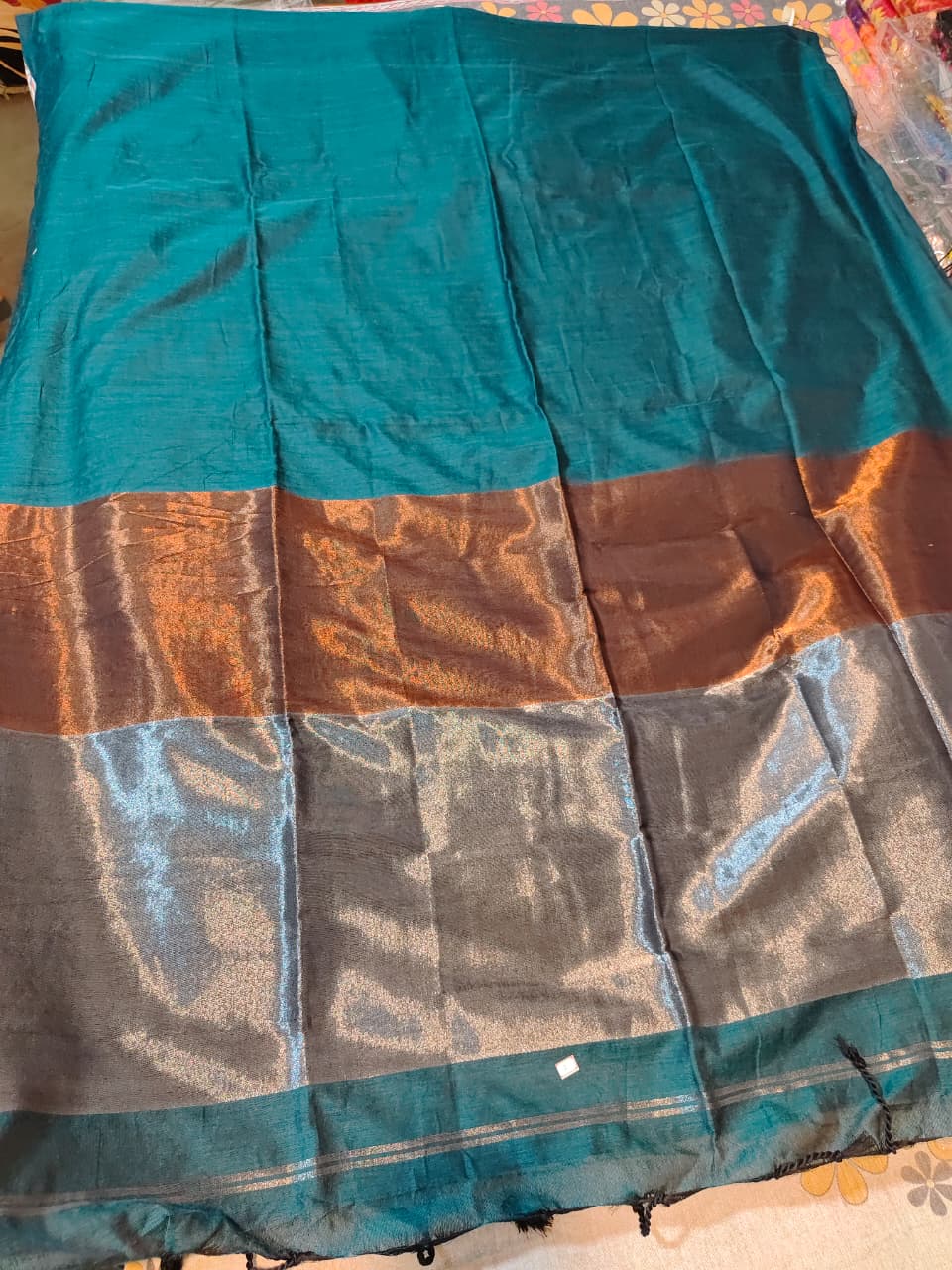 Soft Cotton Jori Pallu with soft deep teal green body with contrast to copper and silver pallu