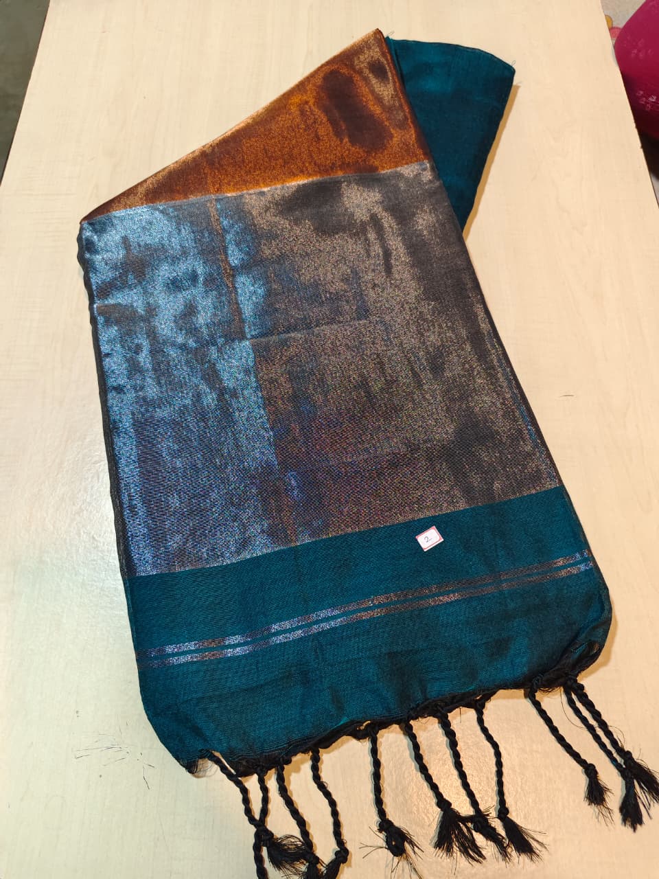 Soft Cotton Jori Pallu with soft peacock blue body with contrast to copper and silver pallu