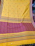 Soft Assam Khadi Saree (Yellow with pink and blue woven pattern, BP included)