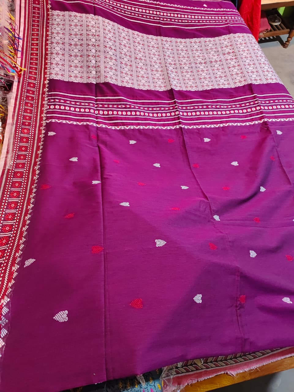 Soft Assam Khadi Saree (Purple with white and red woven pattern, BP included)