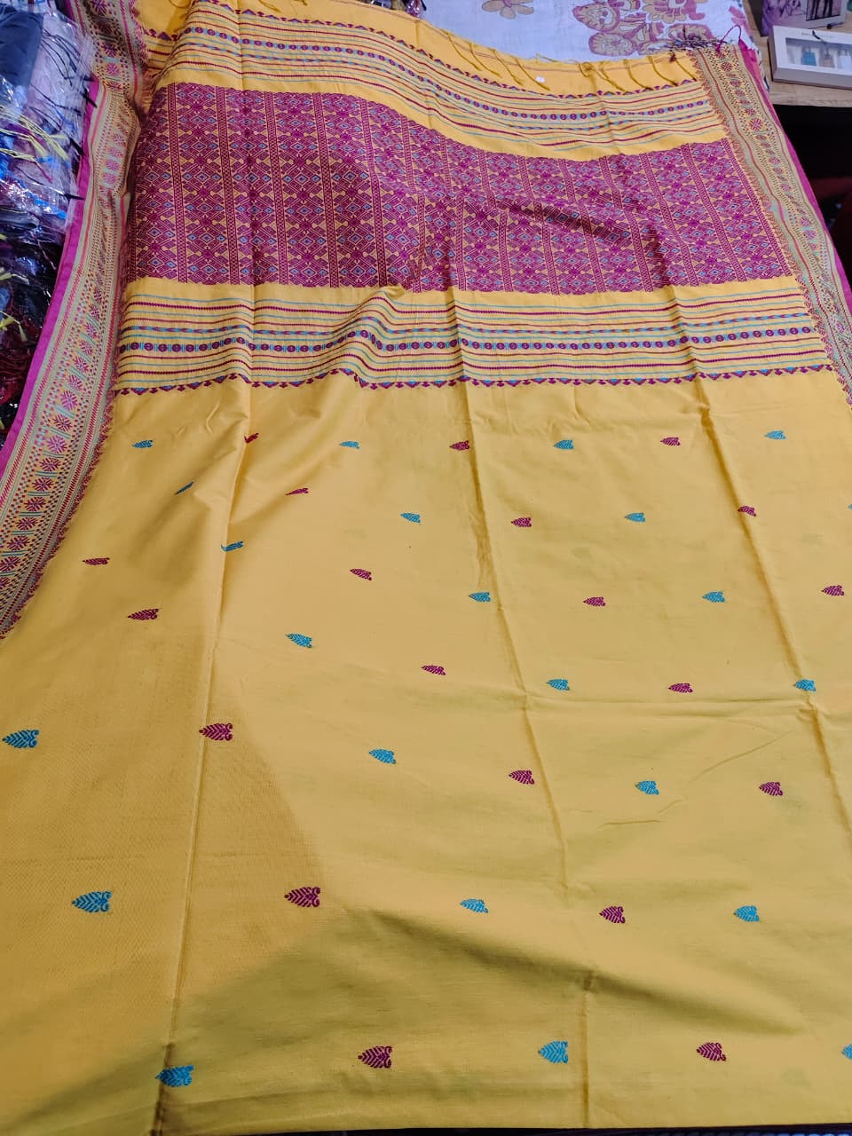 Soft Assam Khadi Saree (Yellow with pink and blue woven pattern, BP included)