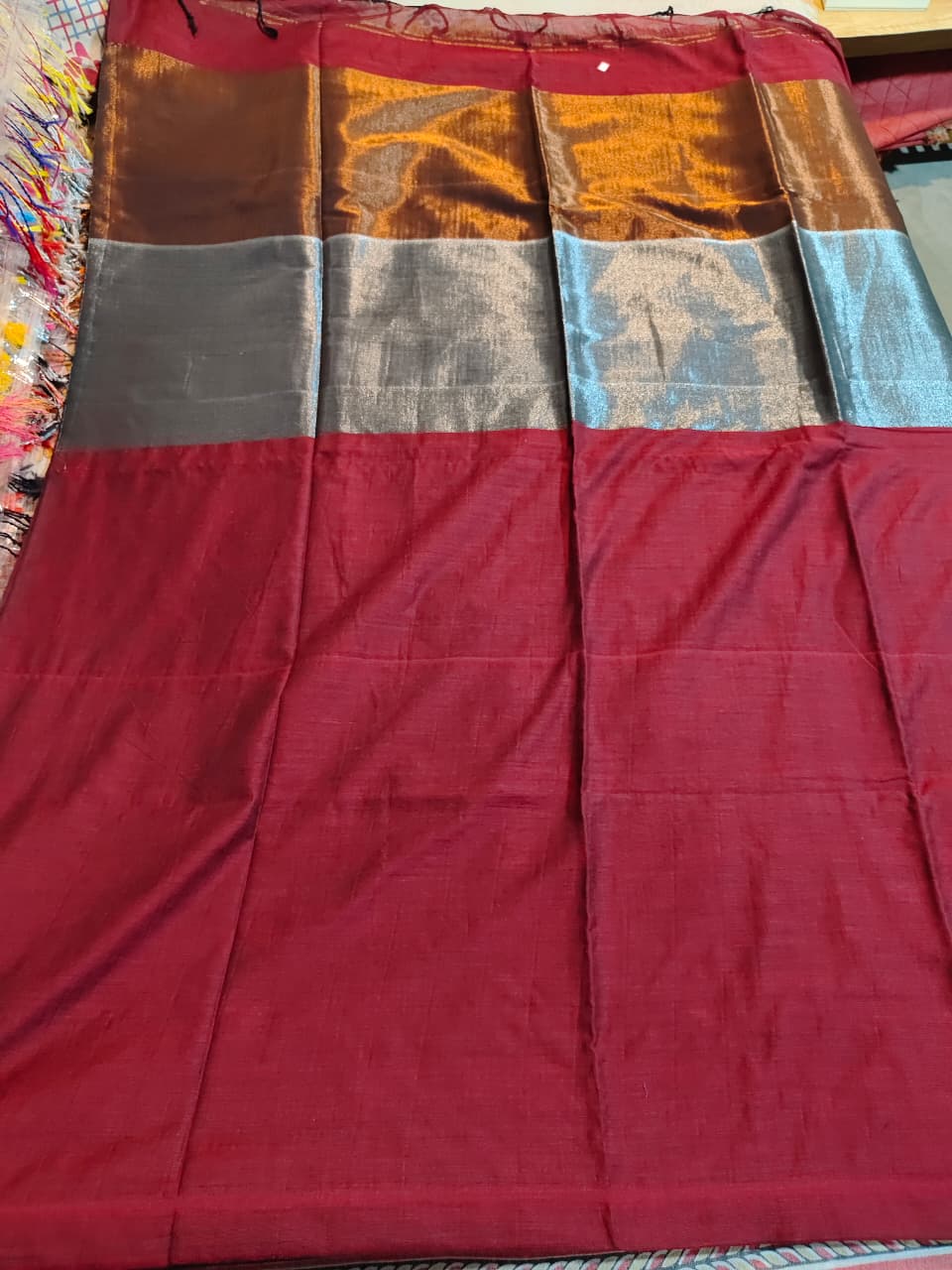 Soft Cotton Jori Pallu with soft deep maroon body with contrast to copper and silver pallu
