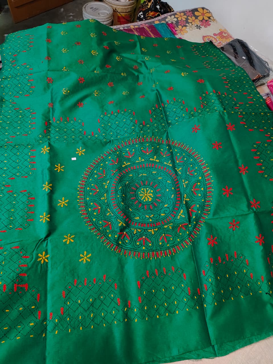 Soft Cotton Silk Katha Stitch Saree in Green