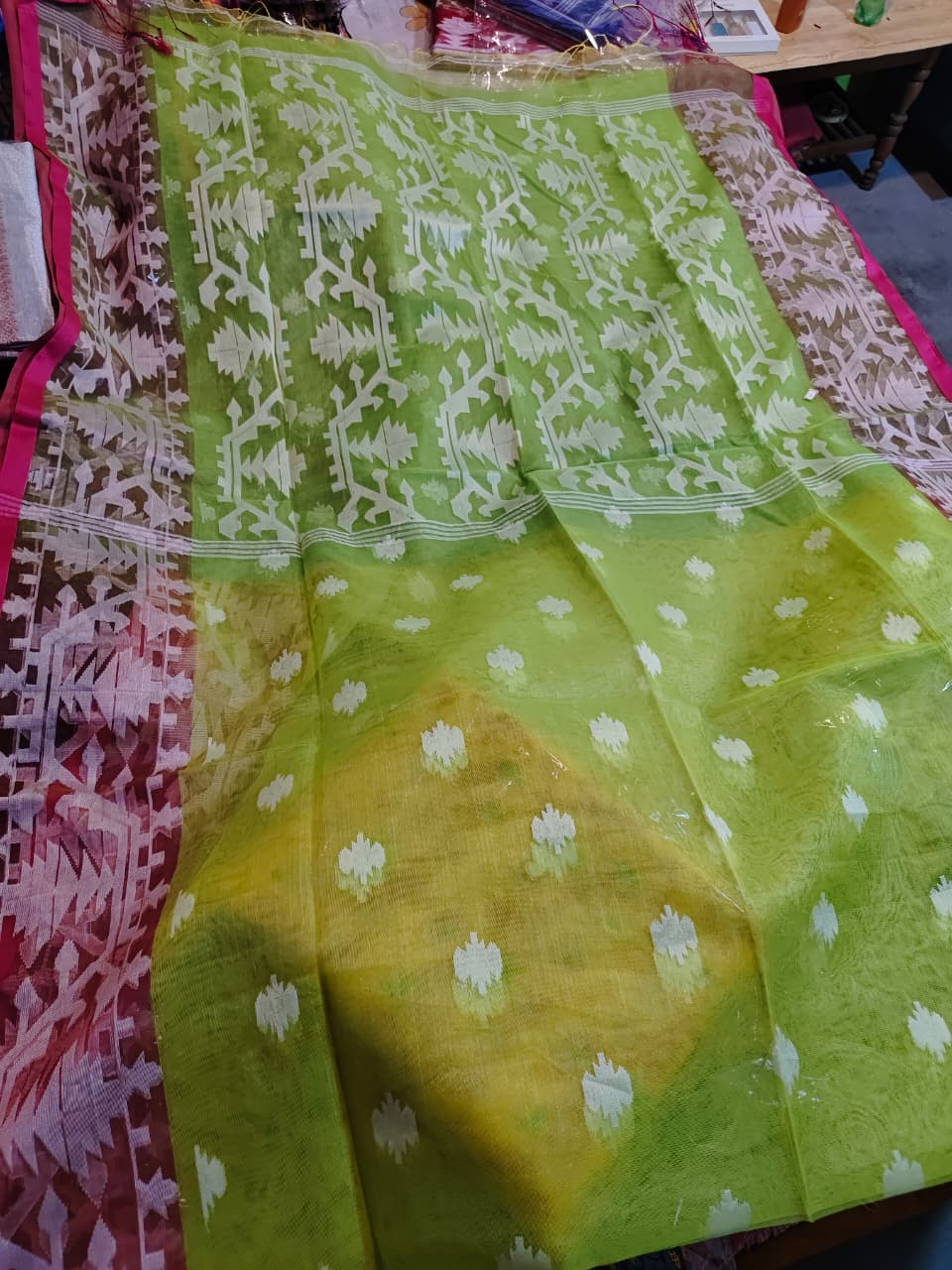 Soft Resom Jamdani (Green saree with pink border, BP included)