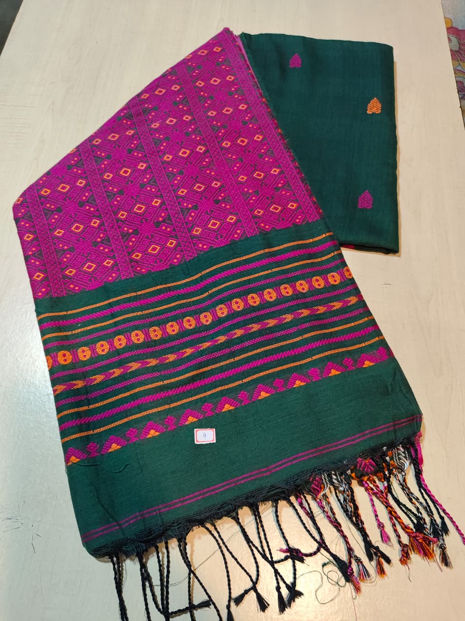 Soft Assam Khadi Saree (Dark green body with small pink and orange woven buti pattern, BP included)