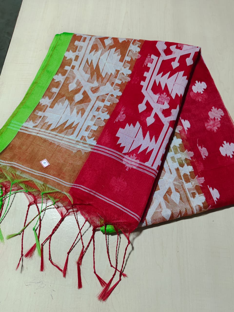 Soft Resom Jamdani (Red Saree with green border, BP included)