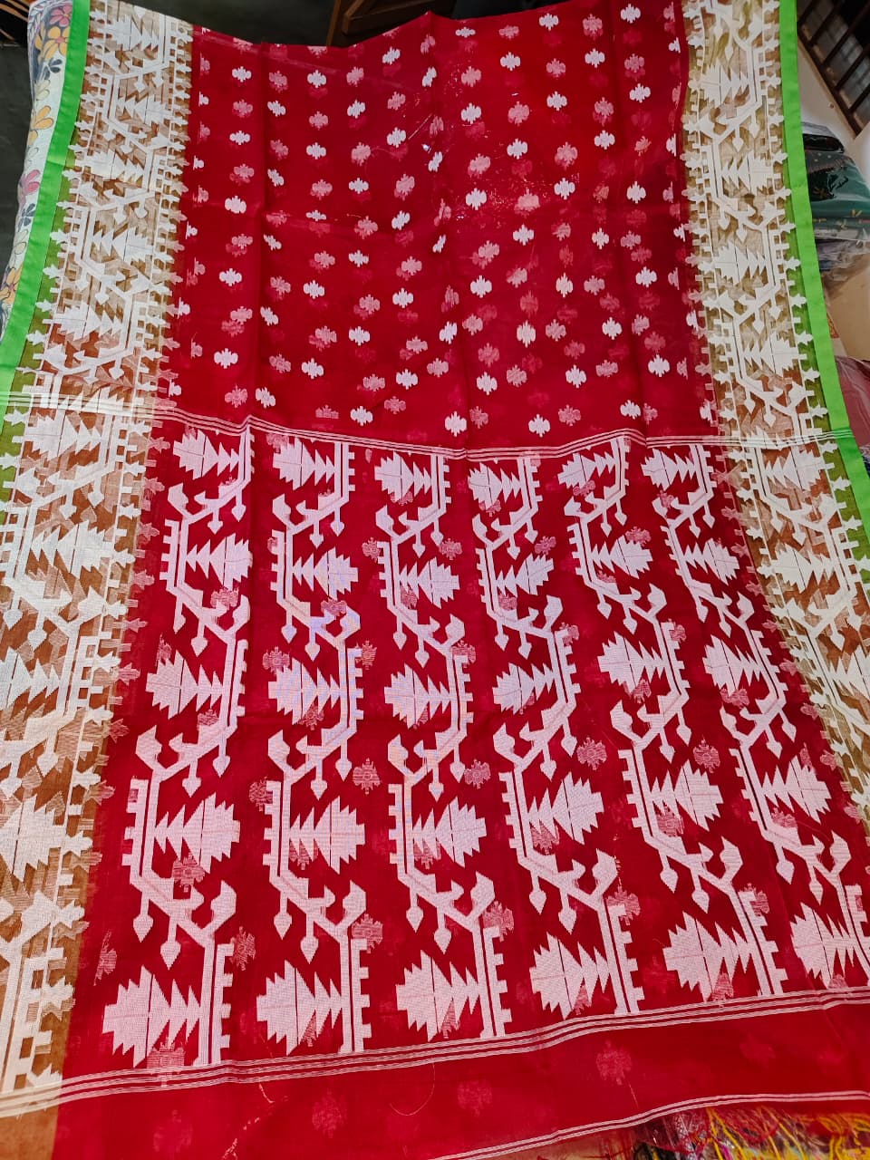 Soft Resom Jamdani (Red Saree with green border, BP included)