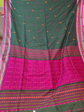 Soft Assam Khadi Saree (Dark green body with small pink and orange woven buti pattern, BP included)