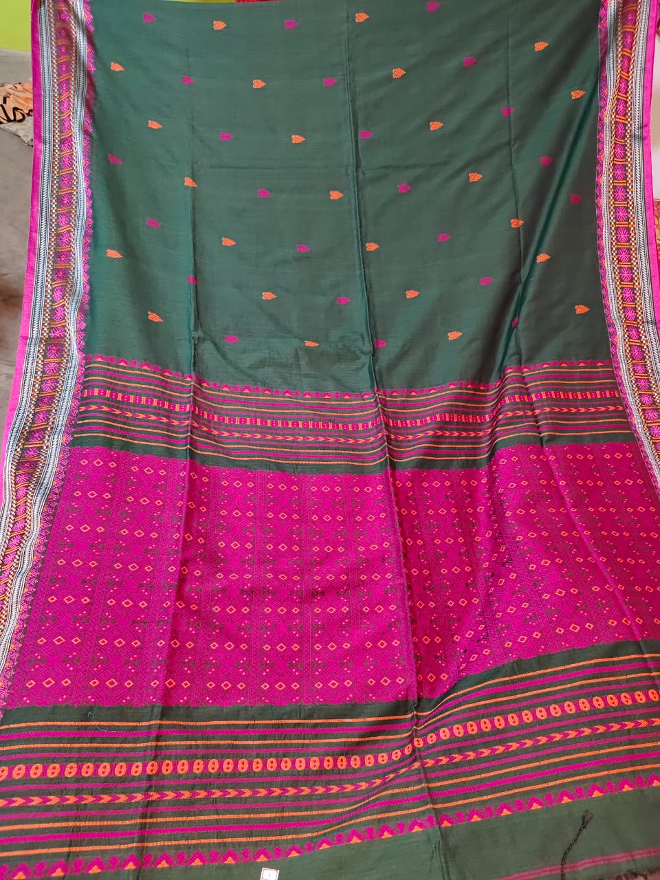 Soft Assam Khadi Saree (Dark green body with small pink and orange woven buti pattern, BP included)