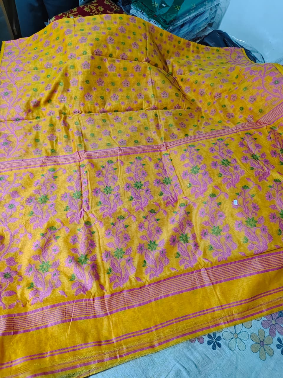 Soft Jamdani  with BP (yellow saree with intricate purple and green floral embroidery)